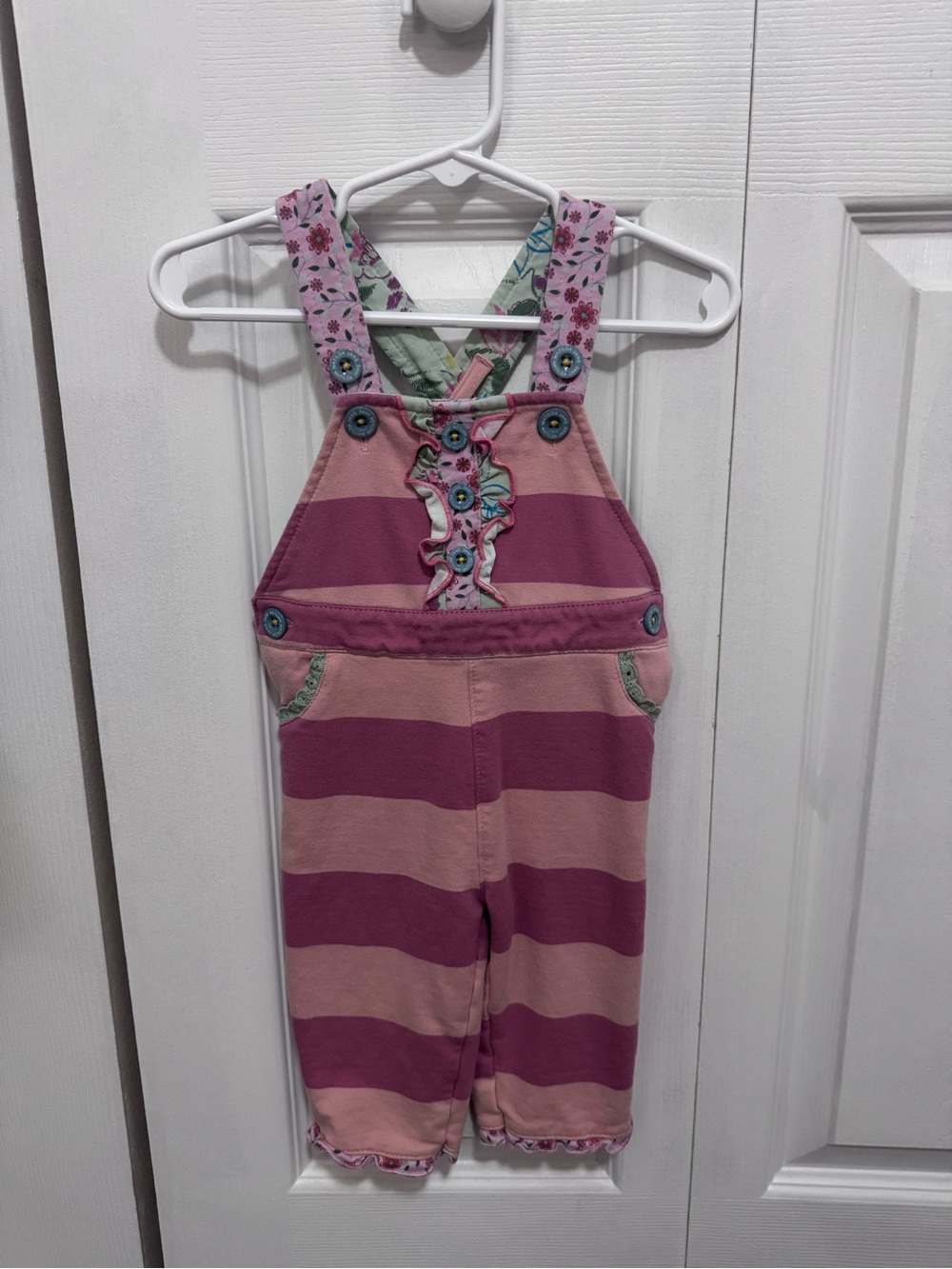 Matilda Jane World Traveler Pink and Rose Striped Overalls with Floral Trim